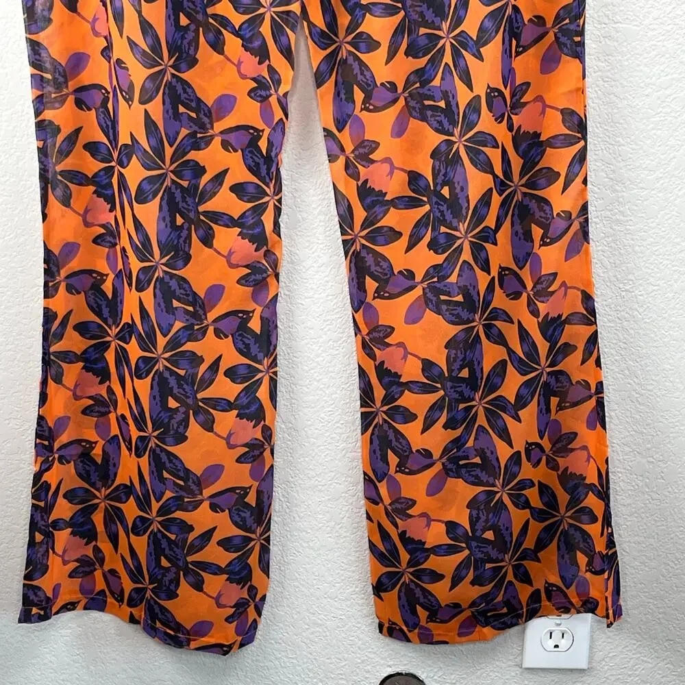 PrettyLittleThing Orange Tropical High Rise Sheer Flare Beach Pants 14 NWT